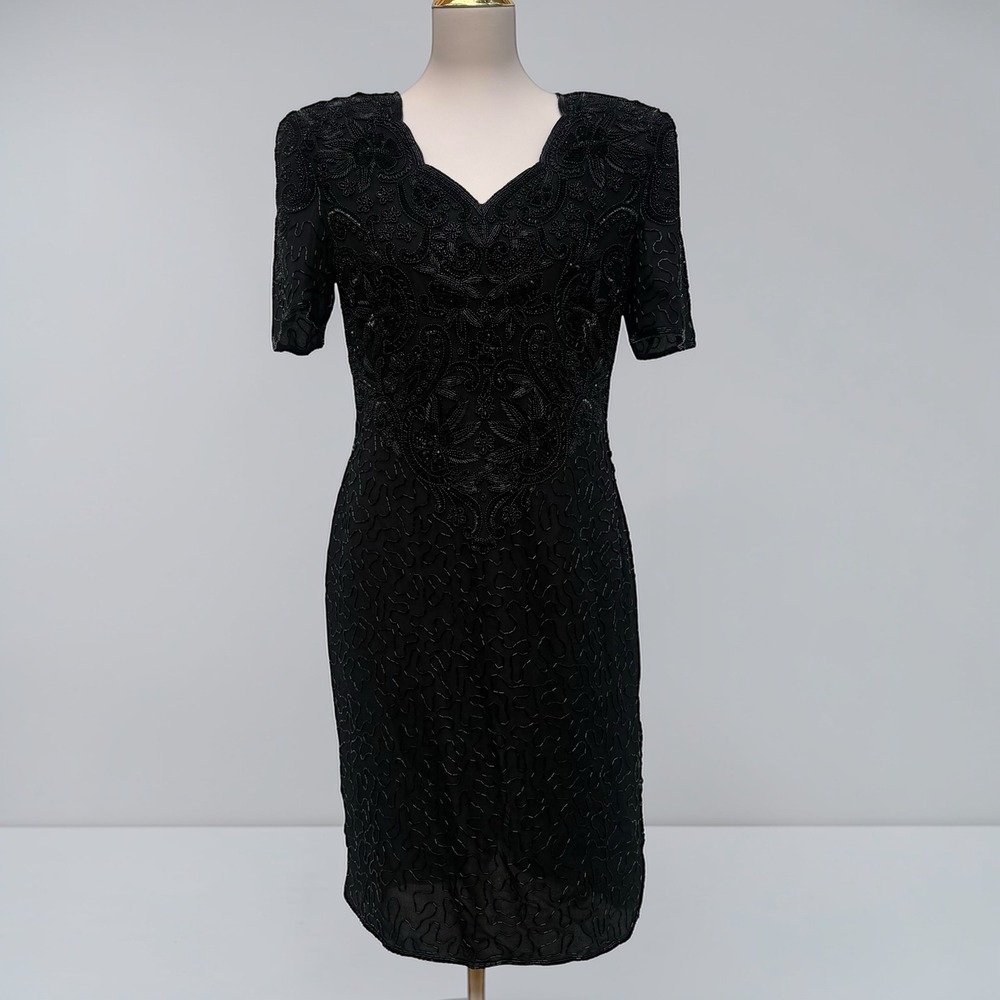VTG 80s 90s‎ Scala Beaded Silk Dress M Black Dynasty Sequin V-Neck Evening Glam